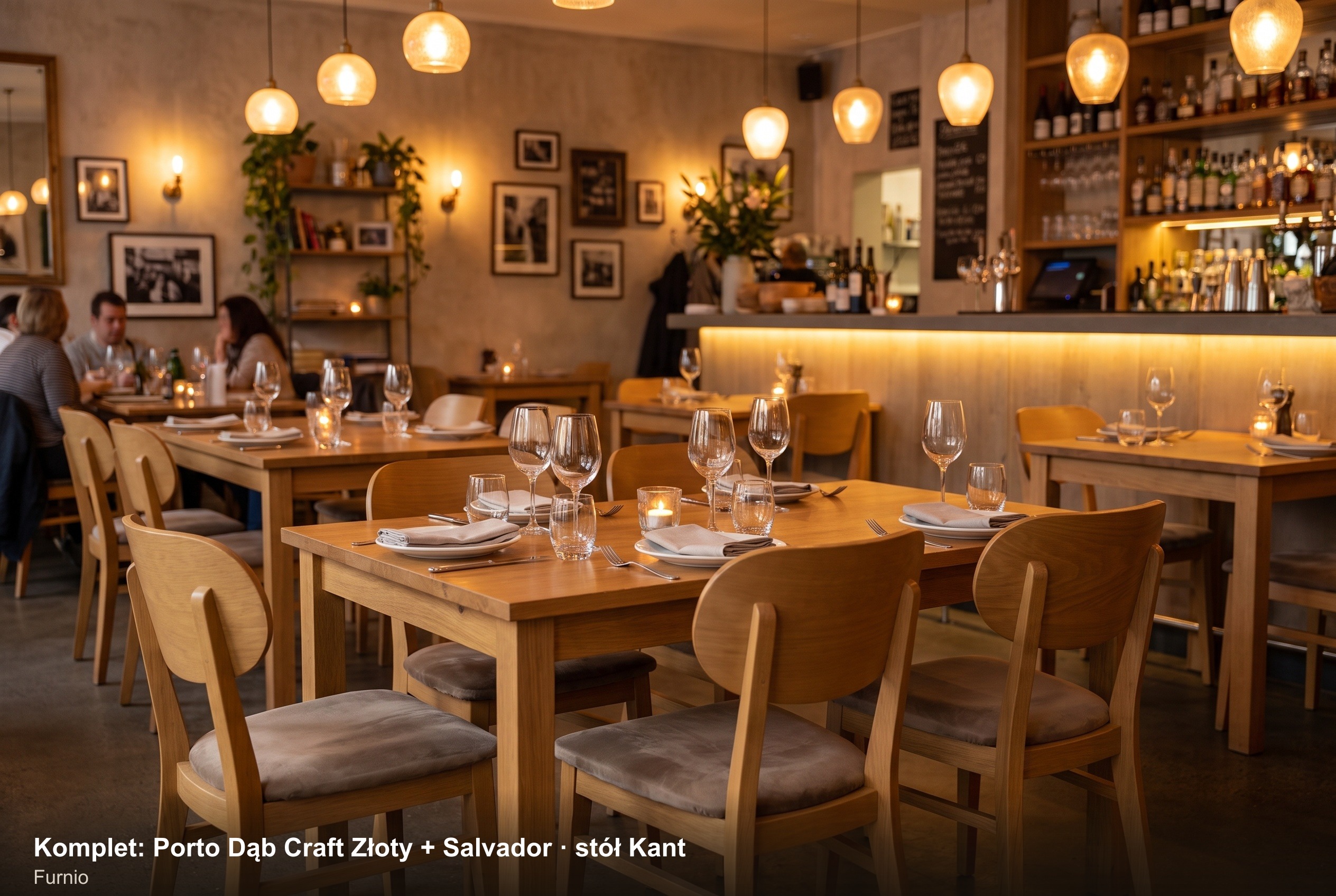 Komplet Porto Dąb Craft Złoty + stół Kant w restauracji