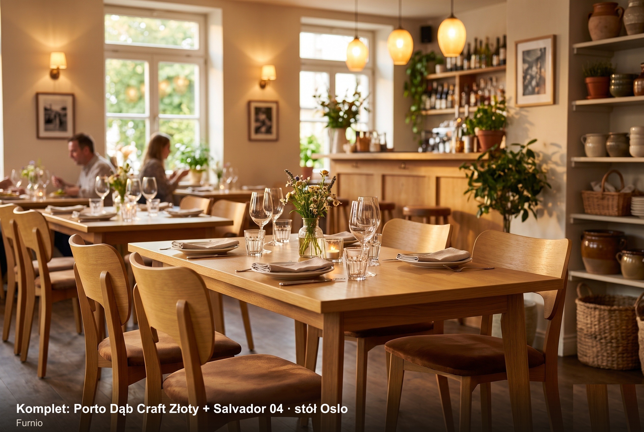 Komplet Porto Dąb Craft Złoty + Salvador 04 + stół Oslo w restauracji
